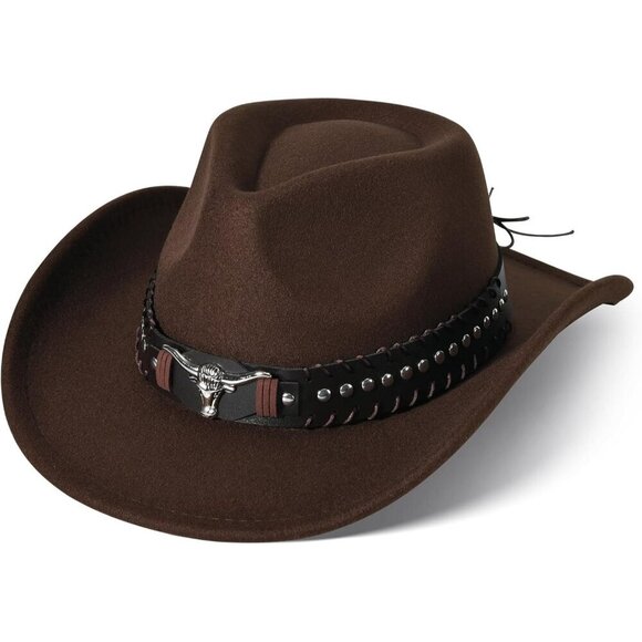Accessories - Unisex Coffee Western With Bull Skull Buckle Band Classic Fedora Cowboy Felt Hat